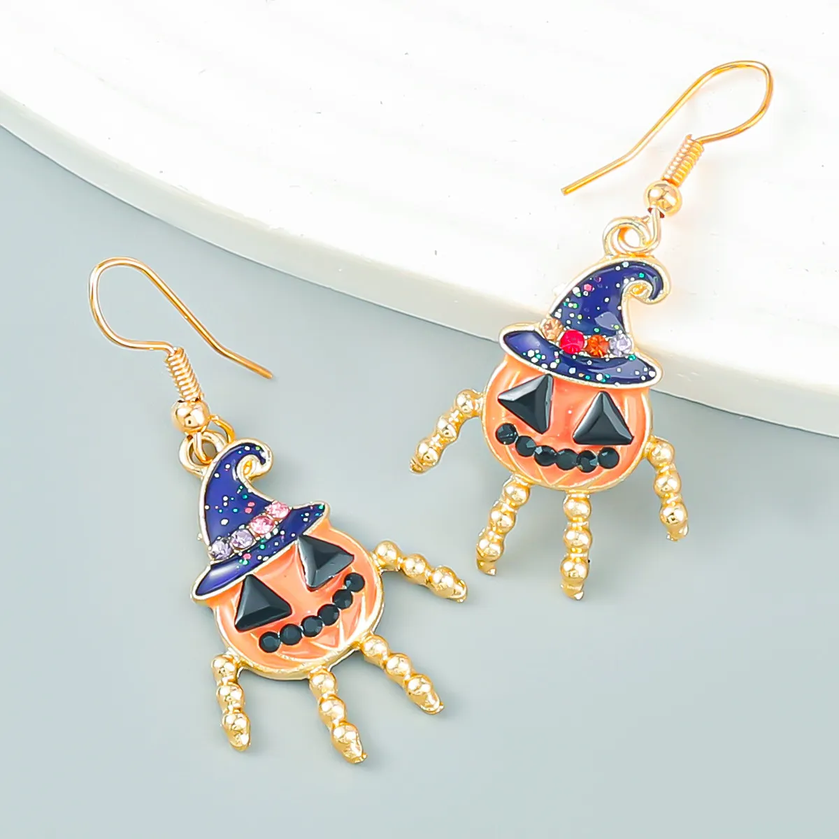 S3158 Halloween Enamel Pumpkin Human Dangle Earrings For Women Colorful Rhinestone Pumpkins Earrings