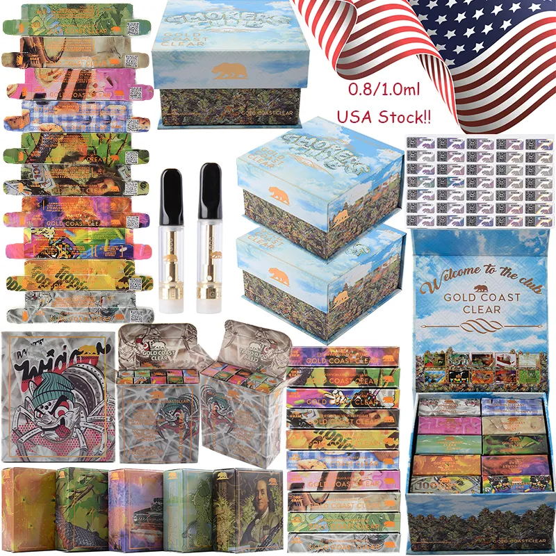 Stock In US 0.8ml 1.0ml Atomizers Gold Coast Ckear Smokers Club 10 Strains Vape Cartridge Glass Tank Thick Carts E Cigarettes 510 Thread Fit Come With Package