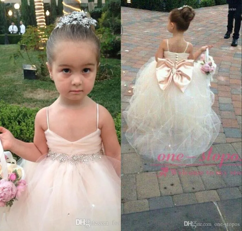 Girl Dresses Cute Pageant For Girls Spaghetti Straps Tulle Puffy Flower Weddings With Bow Champagne Ivory White Pin