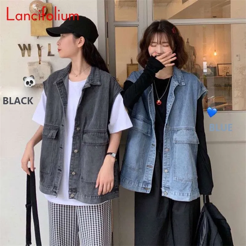 Женские жилеты BF Blue Denim Женский Vintage 8 размер корейский большой карман Black Jean Vest Kpop Рукокачественные кардиган