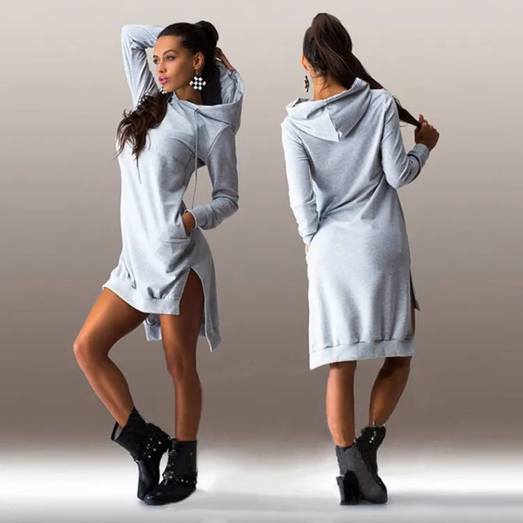 Women Casual Dresses Winter Long Hoodies-Dress Ladies Casual Sweatshirt Autumn Mini Hooded Dress