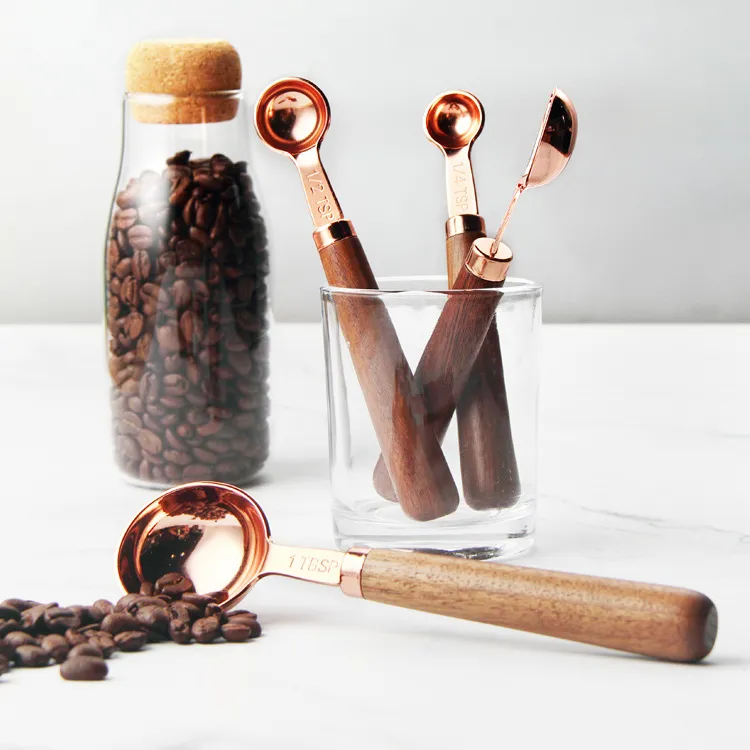 Rose Gold Measuring Cups And Spoons Set With Wooden Handles Kitchen ...