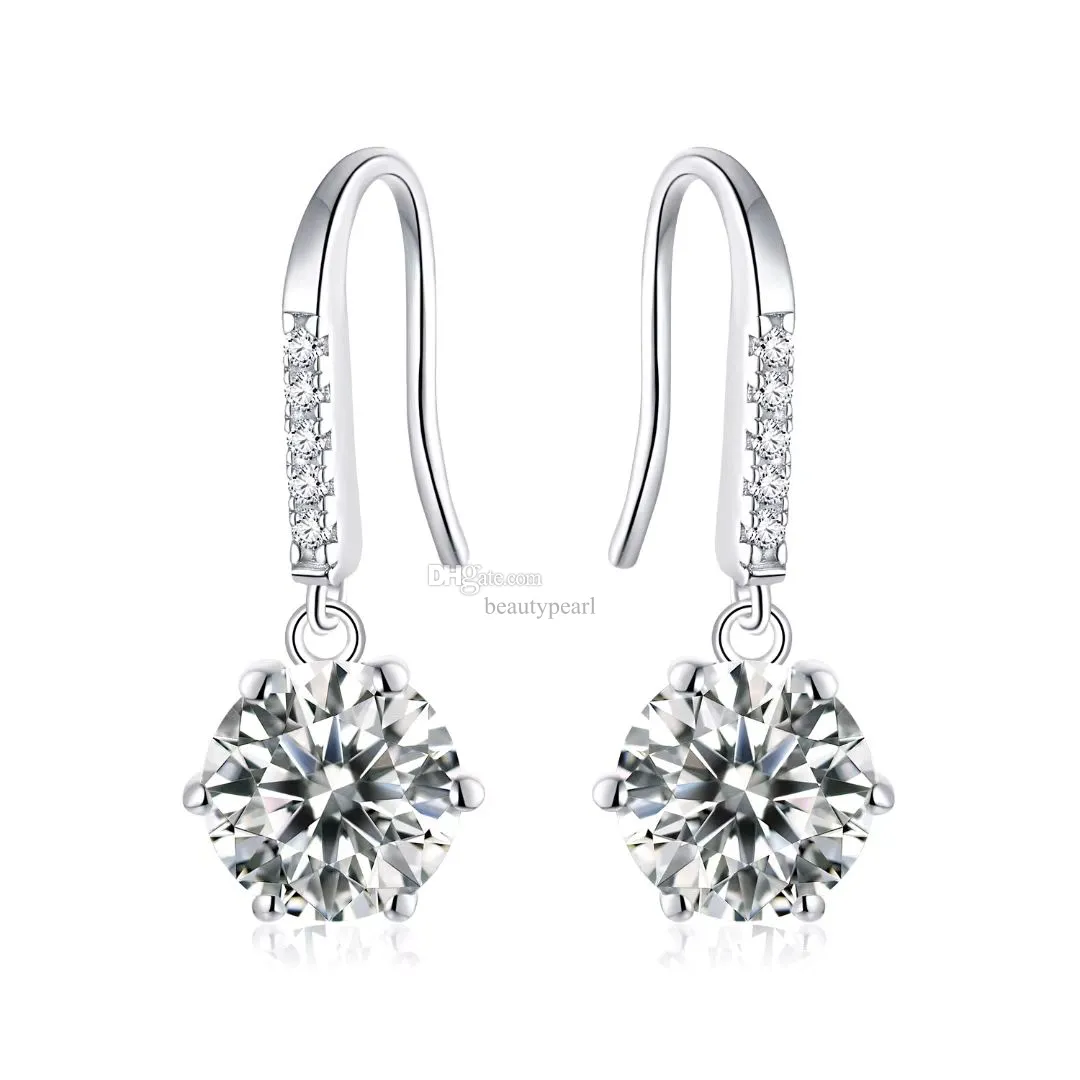 Dangle Earring 925 Silver Classic Six Claw Moissanite Ear-Hook Earrings for Women 1 Carat
