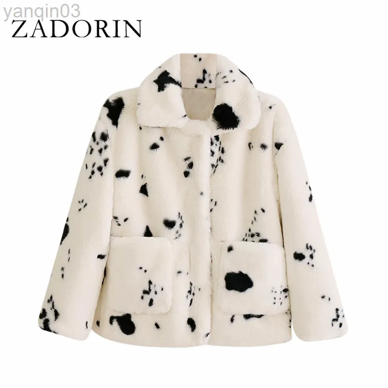 Women's fur Zadorin Korean Fashion Winter Kawaii Women Cow Print White Lapel Pocket Faux Mink Short Ladies Fur Jackets L220829