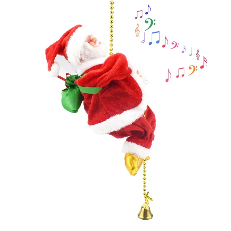 Décorations de Noël Santa Claus sur corde Répété l'escalade de poupée électrique en peluche avec décoration d'arbre musical Offrez aux enfants cadeau de Noël 220829