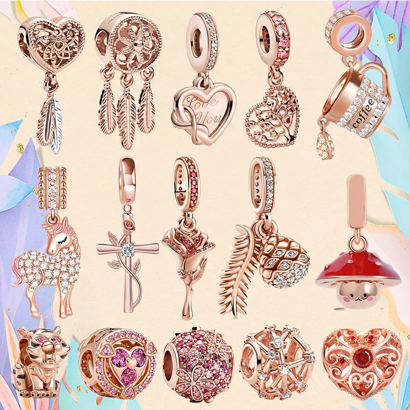 Charms in argento 925 con perline Pandora Bracciale con ciondoli in oro rosa Charms a forma di cuore con acchiappasogni ciondoli Gioielli con perline fini fai-da-te