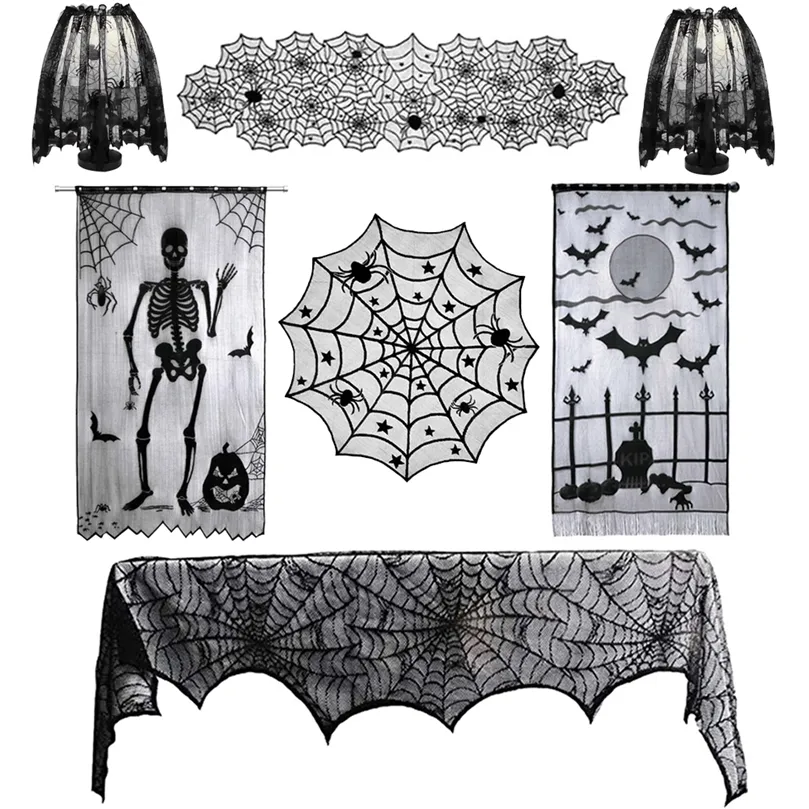 Andere evenementenfeestjes Salloween Decoratie voor Home Spider Web Lace Tafelkleed Skull Door open haard gordijn horror huis feest decoratiejaar 220829