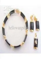 Jewelry set 18KGP black jade bracelet pendant earrings Gemstone Jewelry Set