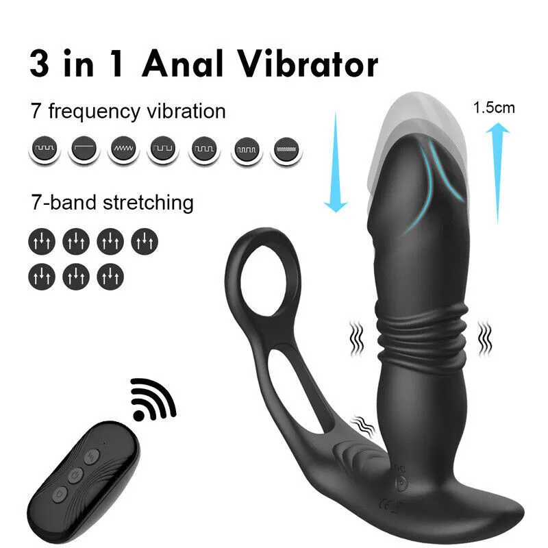 Skönhetsartiklar elektriska teleskopiska anal vibrator prostata massage rumpa plugg stimulator fördröjning utlösning penis ring dildos sexiga leksaker för män gay