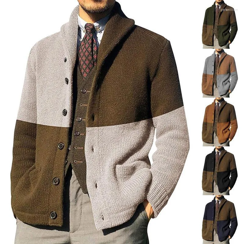 Herrtröjor män tröja cardigans Autumn Winter Casual Patchwork Color Block Slim Long Sleeve Single Breasted Lapel Cardigan#F3