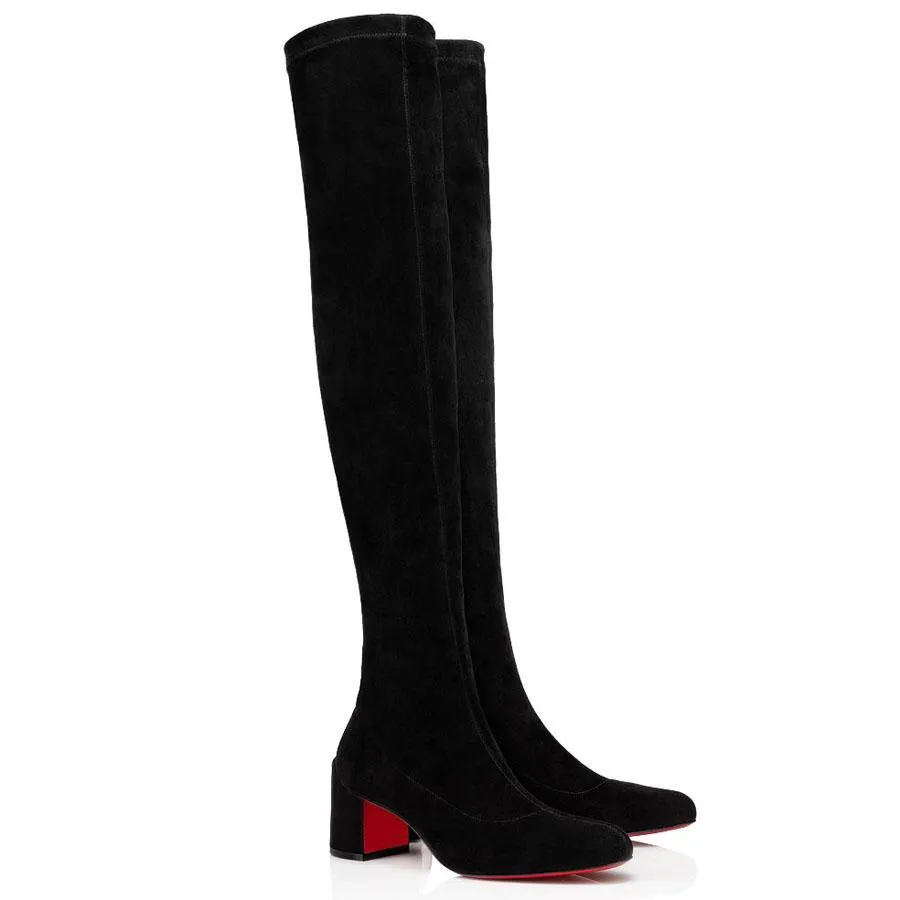 23s Dames Hiver Sexy Bottes Hautes Femme Rouge Botto Chaussures bottines Semelles Rouges Talons Turela Bootie À Talons Mode Cuir suédé souple noir EU35-43 avec boîte