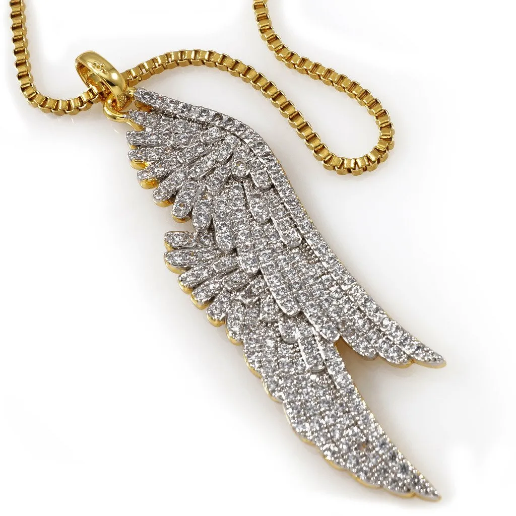 Bant Yüzükler Angel Wings Kolye Buzlu Laboratuar Diamond CZ Ücretsiz 30 inçlik Gold Zincir 18k Kaplama Paslanmaz Çelik Kolye AMADD