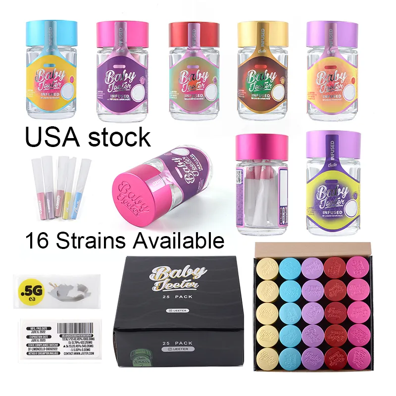 USA Stock Baby Jeeter Infused Glass Jars Bag 5 Prerolls Accessories 16 Strains 2.5 Grams Empty Clear Rolling Tobacco Containers Food Grade Tempered Jars Dry Herb Tool