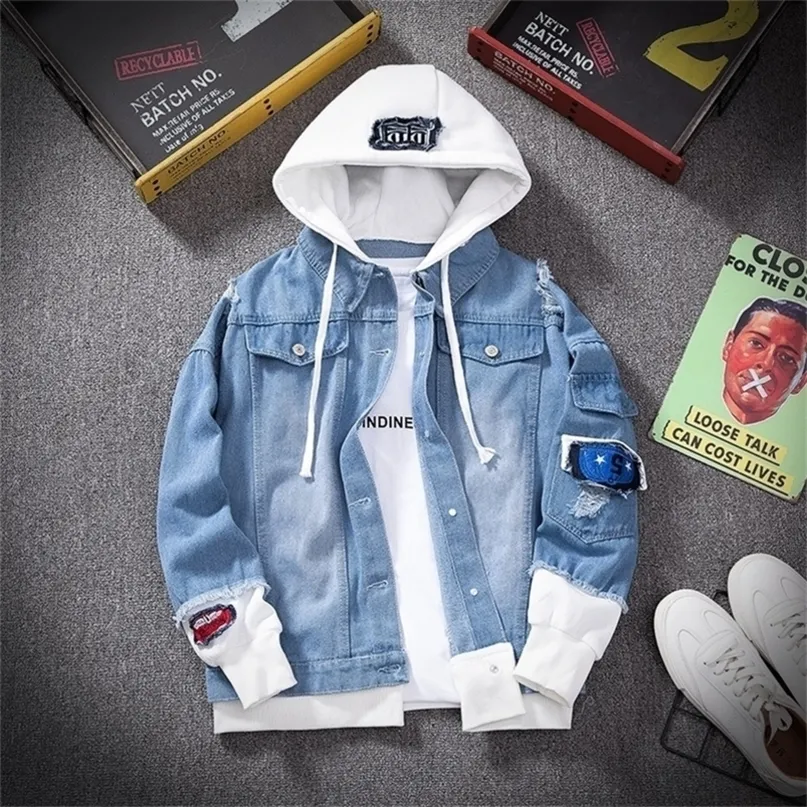 Men s Hooded Denim denim jacket Streetwear Hip Hop Style Loose Fit Slim Fit Outerwear for Spring Fashion 220826