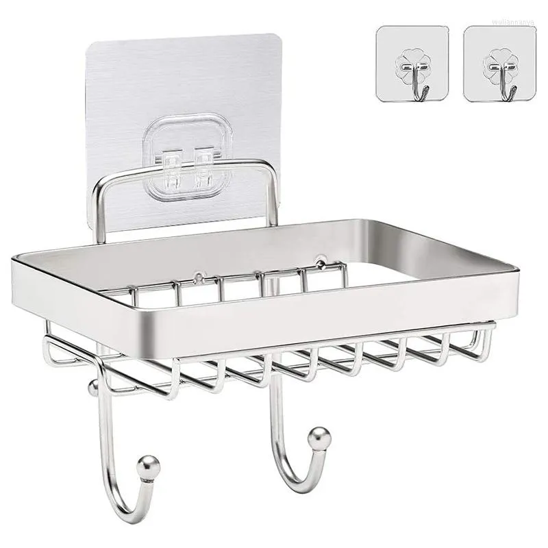 Soap Dishes Dish Holder For Bathroom With Sponge Hook Bar Shower Wall Mounted Drainer Tray Adhesive