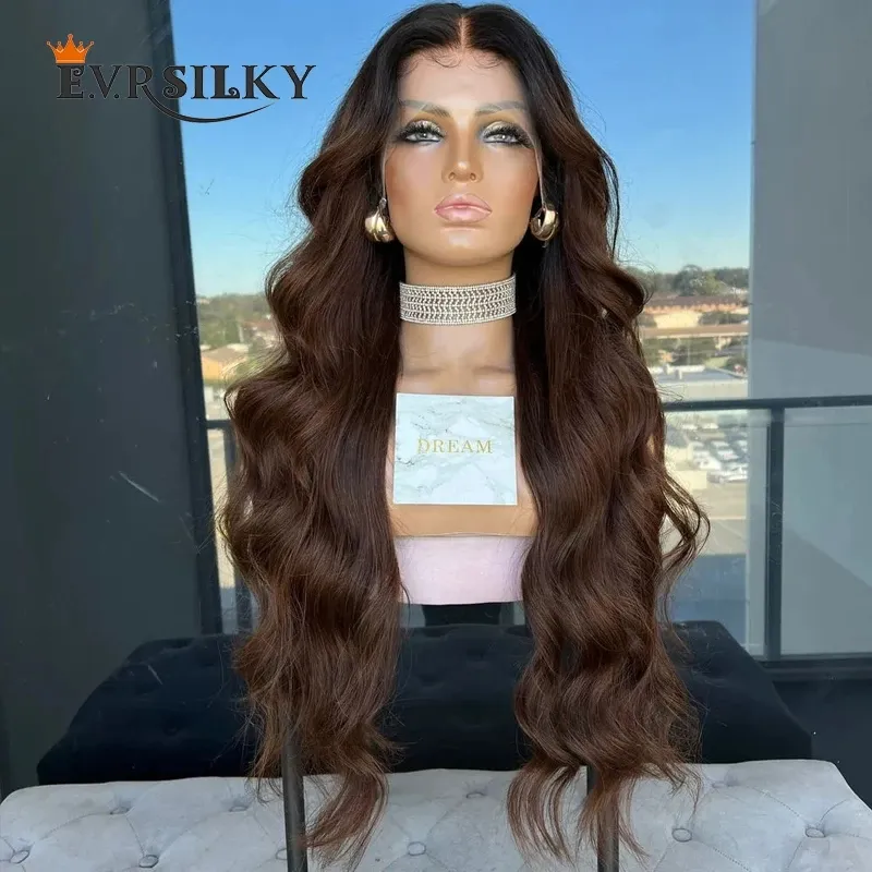 OMBRE Black Roots Chocolate Brown 360 Flaces Wigs Body Wave Peruvian 5x5 Elace Closure Human Hair Hair Rigs مع شعر طفل طويل 26 بوصة