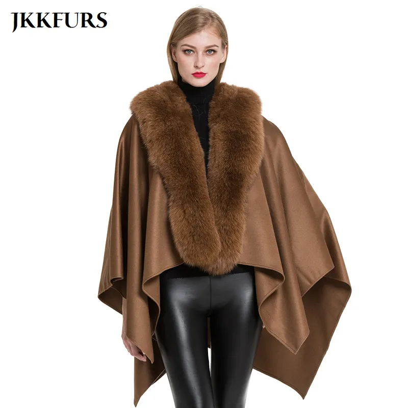 Womens Bont Faux JKKFURs Echte Poncho Echte Kraag Trim Wol Kasjmier Cape Mode Stijl Winter Warme Jas S7357 220829