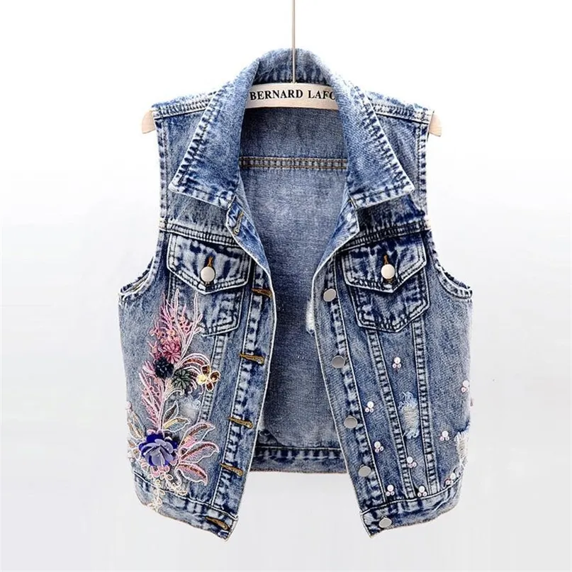 Coletes femininos de jeans de jeans feminino feminino spring outono patch flores lantejas de mi￧angas com a cintura com o aluno da cintura Jean Jean Short Jackets KW450 220827