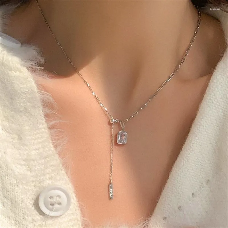 Chains Silver Color Square Charm Pendent Necklace For Women Tassel Clavicle Chain Woman Wedding Jewelry Accessories Dz313