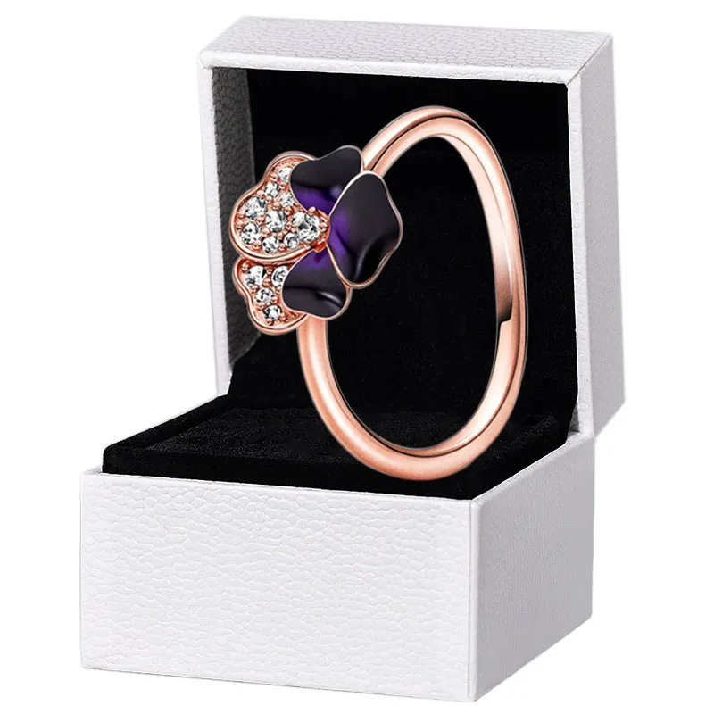 Novo anel de flor de flor de flores roxa profundo anel de ouro rosa feminino garotas jóias de designer de casamento para pandora 925 Silver CZ Diamond Love Anel com caixa original