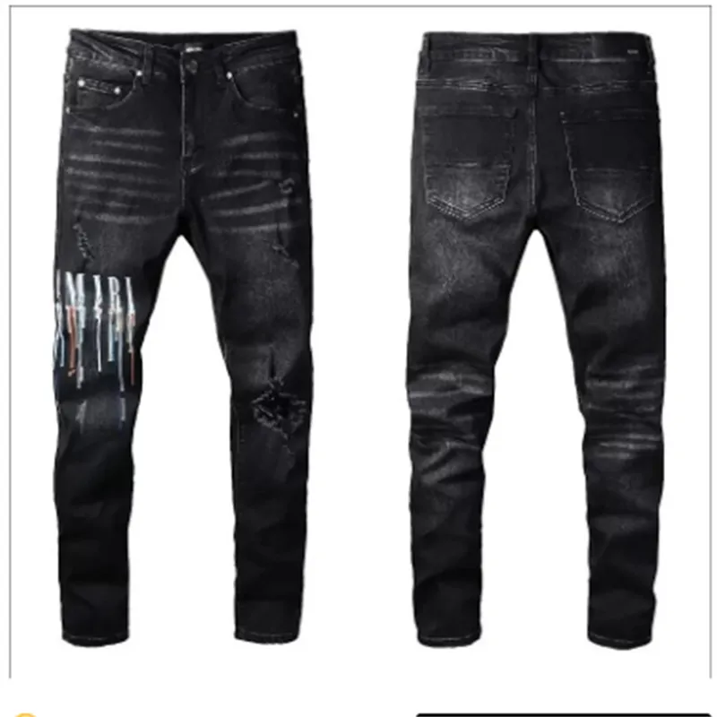 Mens Designer Jeans High Elastics Distressed Ripped Slim Fit Motorcykelcyklist för män S Fashion Black Pants#030 28-38