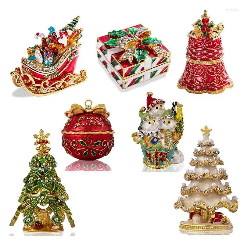 Decoratieve beeldjes HD 7 stijlen Handgeschilderde kerstthema Sieraden Trinket Box Emaille Ringhouder met stralende strass Kerstmis