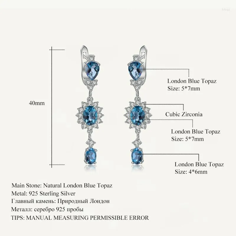 매달린 귀걸이 보석 발레 4.88ct 자연스러운 런던 블루 토파즈 보석 드롭 925 스털링 실버 꽃 여성용 고급 보석