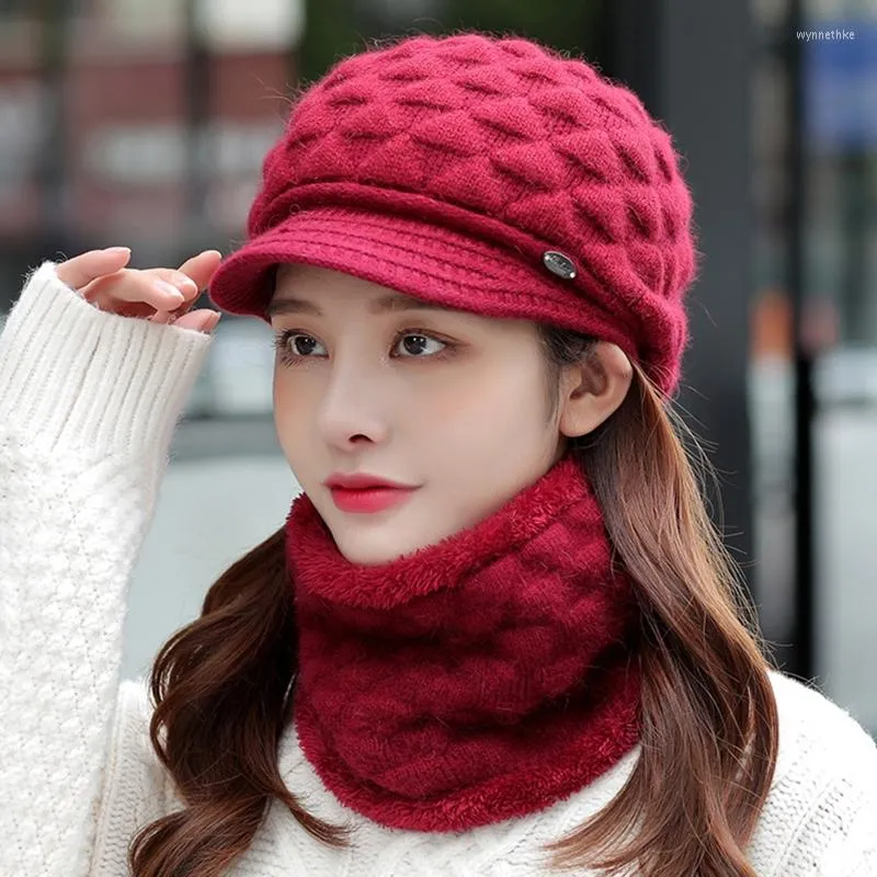 Beret Women Winter 2pcs Set Visor Rand Chunky Strick Beanie Hut mit Kreis Schal Plüsch Schlittschädel