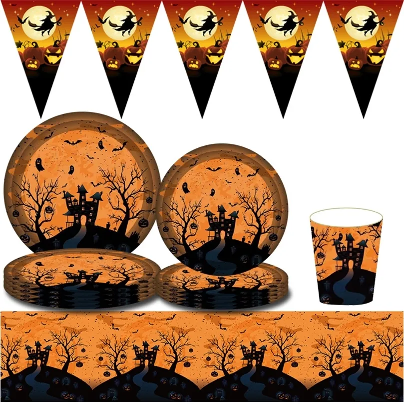 Décoration de fête Autres fournitures de fête d'événement Orange Noir Ensembles de vaisselle jetables pour fête d'Halloween Décorations de château d'Halloween pour ensemble de dîner à la maison Papier