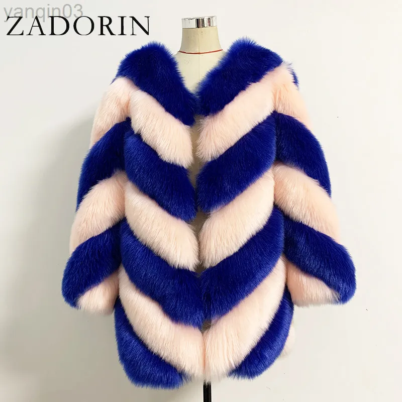 Women's fur Zadorin Korean Fashion Winter Faux Women Luxury Color Contrast Long Thick Warm Fluffy Coat Fake Fur Jackets L220829