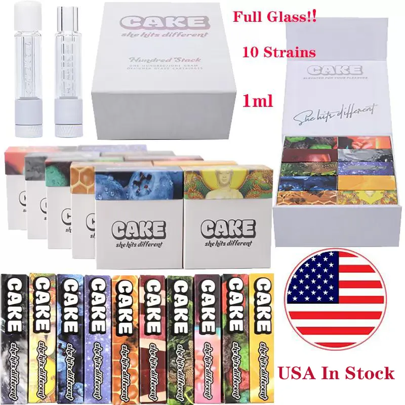 USA In Stock CAKE Full Glass Atomizers 510 Thread 1.0ML Carts Ceramic Coil Disposable Thick Oil Dab Pen Wax Vape Pen Cartridges E Cigarettes Vaporizers 10 Strains Empty