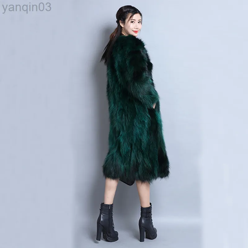 Women's fur Super Long V Neck Sexy Thick Warm Winter Women Raccoon Fur Coat 100% Real Natural Xlong Overcoat Wsr677 L220829