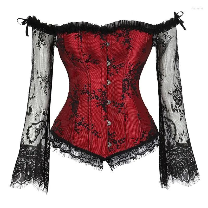 Bustiers Corsets Corset Overbust مع الأكمام الطويلة عتيقة عتيقة Victorian Retro Burlesque Litinge Lingerie Top Fashion White Red