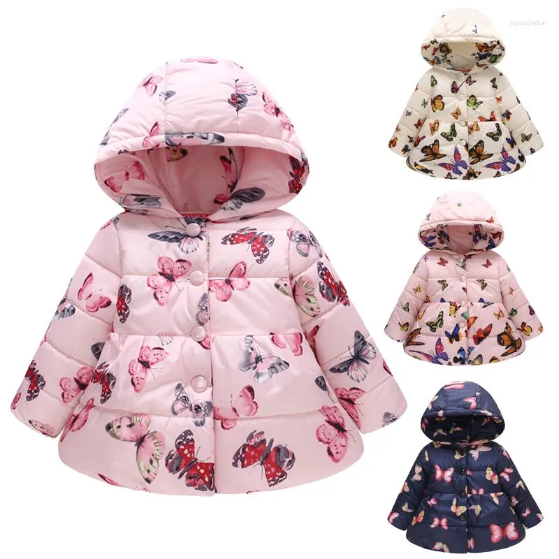 Piumino in quattro stili Stampa farfalla Ragazze Autunno e inverno Spesse e calde giacche per bambini Abiti in cotone con bottoni con cappuccio