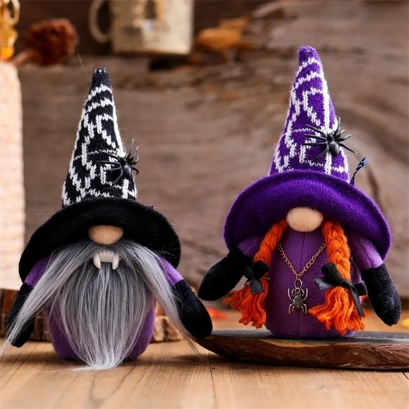 Altri articoli per feste di eventi Bambola di gnomo senza volto di Halloween con denti da vampiro Decorazione di Halloween Ornamento di cappello da mago di ragno Ornamento di disposizione per feste di bambole 22082