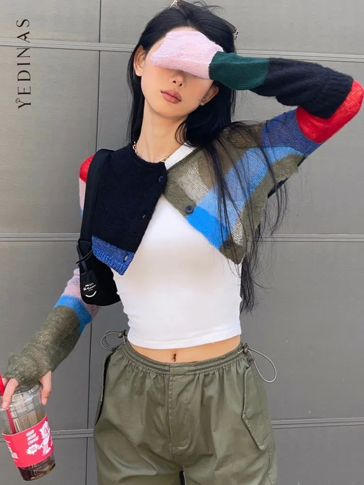 Kvinnor S Knits Tees Yedinas Streetwear Patchwork Crop Top Cardigan Långärmning Stickad SMOCK CRUEDT TREEATER Y2K KOREASIL KARDIGAN 220829