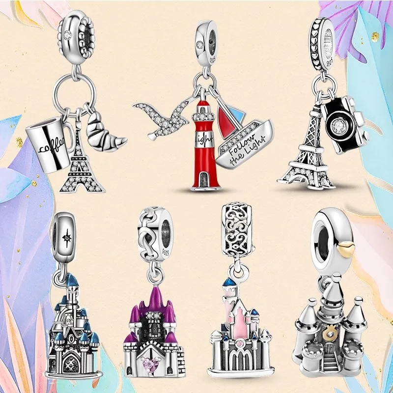 925 Charms in argento con perline Pandora Bracciale con ciondoli Castle Iron Tower Building charmes ciondoli Gioielli con perline fini fai-da-te