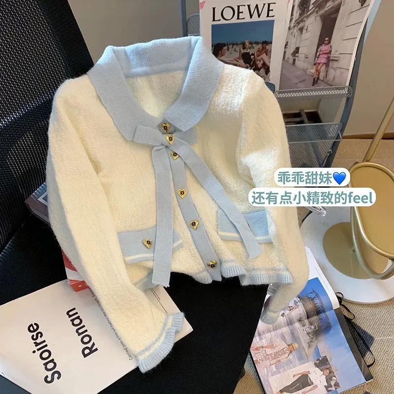 Women's cute turn down collar sweater knitted color block cardigan coat SML