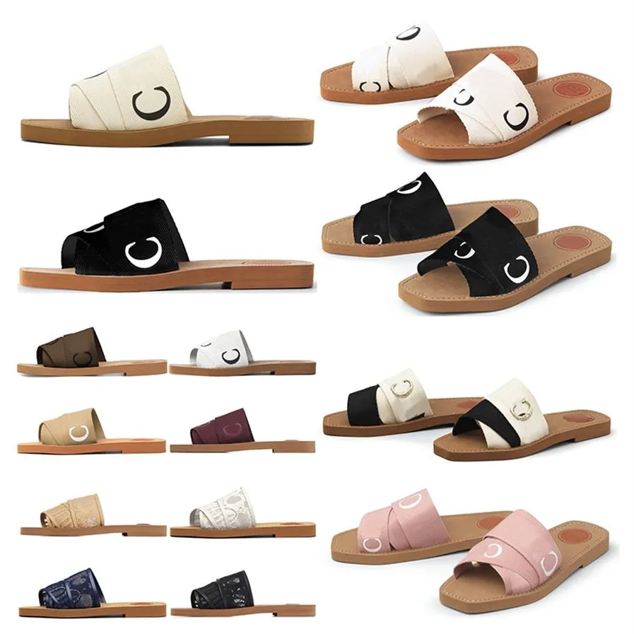 Дизайнеры люкс -дизайнеры Женщины тапочки древесные плоские мулы в холсте летние резиновые сандалии пляжные ползунки сплетения на открытом воздухе.