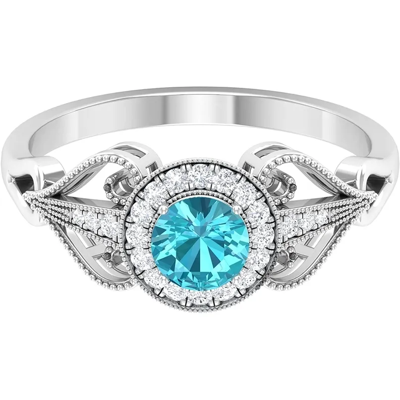 Solitaire Ring Swiss Blue Topaz و Diamond Gold Beded Beded Detect