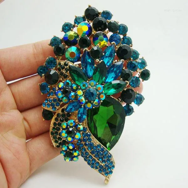 Brooches Vintage Style Heart Drop Flower Pendant Brooch Pin Green Rhinestone Crystal