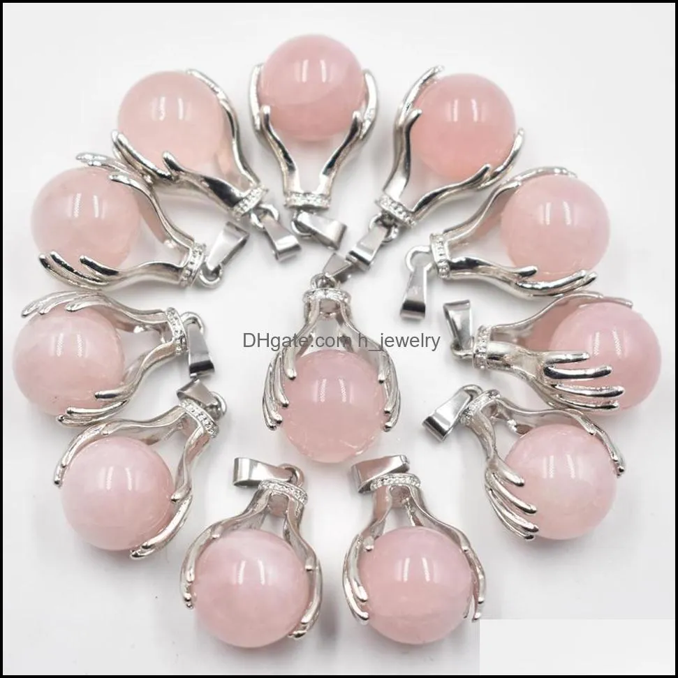 Charms Natural Rose Quartz Charms de cristal pendente de mão redonda colares de contas de bola redonda pingentes yoga reiki chakra cura dhseller2010 dhtkb