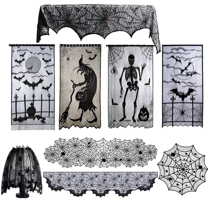 Outra festa de eventos suprimentos de halloween decoração preta aranha renda to mesa de mesa de caveira cortina lareira capa lampes home Horror house party adereços 220829