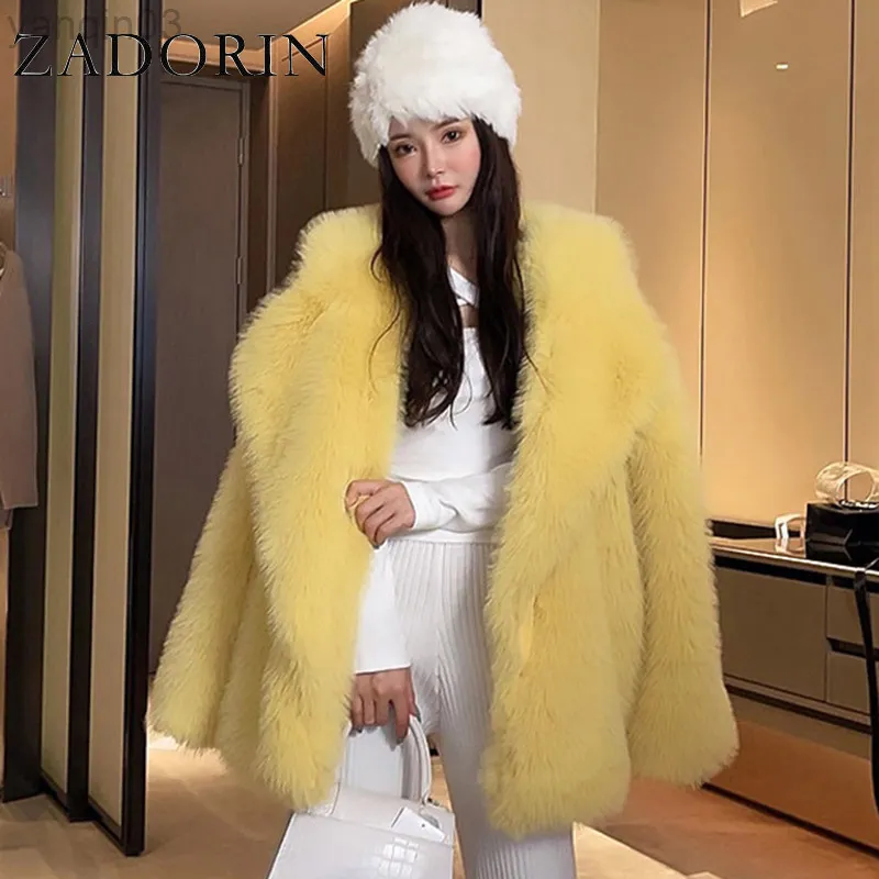 Women's fur Zadorin Korean Fashion Winter White Faux Jacket Women Vest Luxury Mid Long Lapels Fake Fur Coat Ladies Jackets L220829