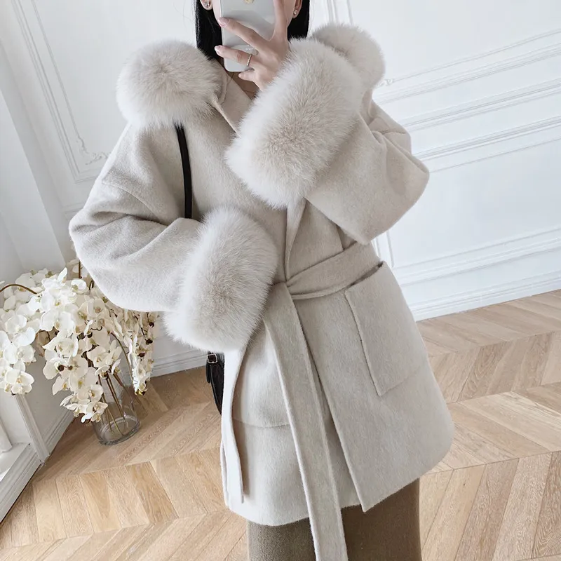 Womens Fur Faux Natural Collar Double-Sided Wool Cashmere Coat med plysch manschetter Kvinnlig verklig överrock Winter Jacket 220829