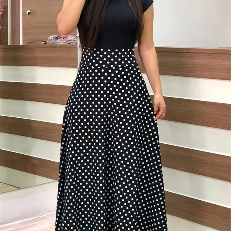 Casual Dresses Women Polka Dot Print Patchwork Long Dress Summer Casual Short Sleeve O-Neck High Waist Robe Boho Beach Maxi Sundress Vintage 220829