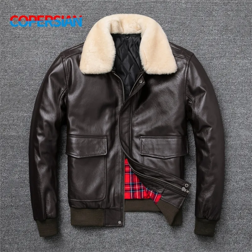 Mens Leather Faux Flight Jacket Fur Collar Echte toplaag Koe mannen Zwart Brown Coat Winter 220829