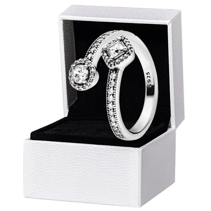 Quadratischer und runder offener Ring mit CZ-Diamant, Sterlingsilber, Damen-Hochzeitsschmuck für Pandora-Freundin, Geschenkringe mit Originalverpackung