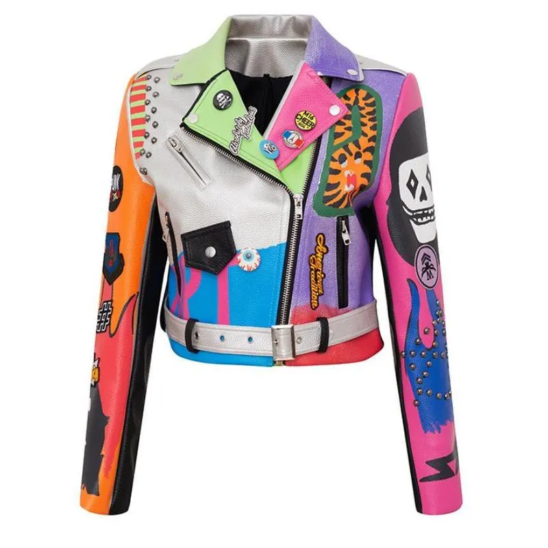 Rivet Beaded Leather Jacket: Women's Men's Graffiti Outerwear, Hit Color  Printed Jackets Stylish Unisex Fashion