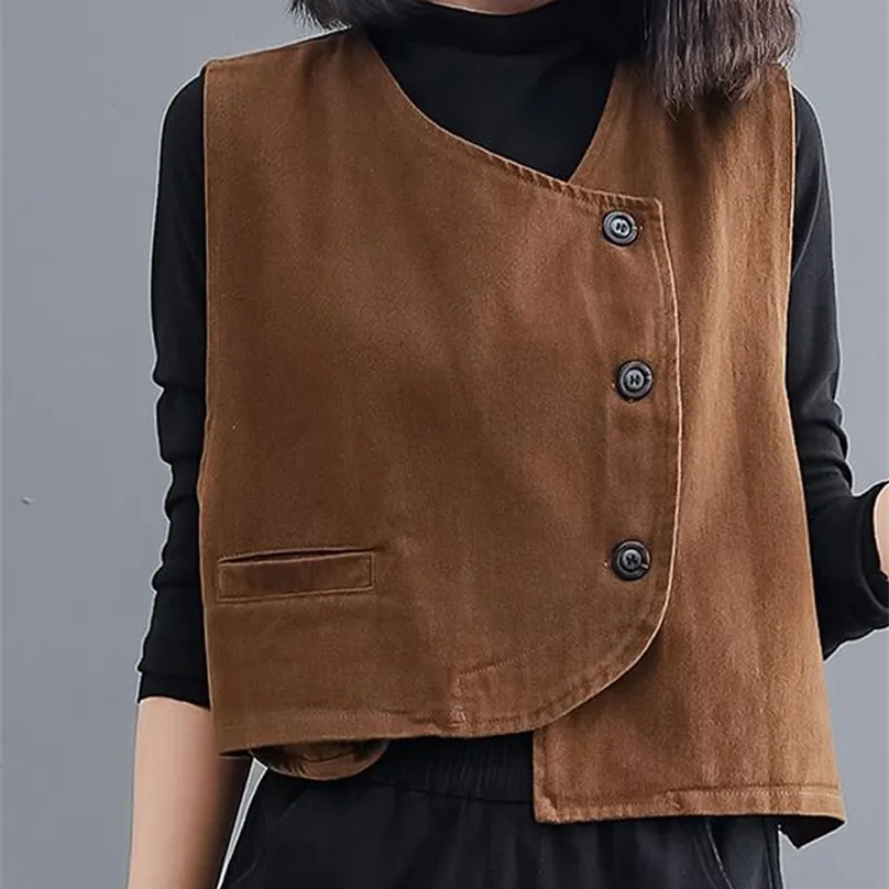 Damesvesten vrouwen losse vest katoen vneck mouw knop vaste kleur casual jas veer Koreaanse stijl vintage eenvoudige gezellige vest top 220827